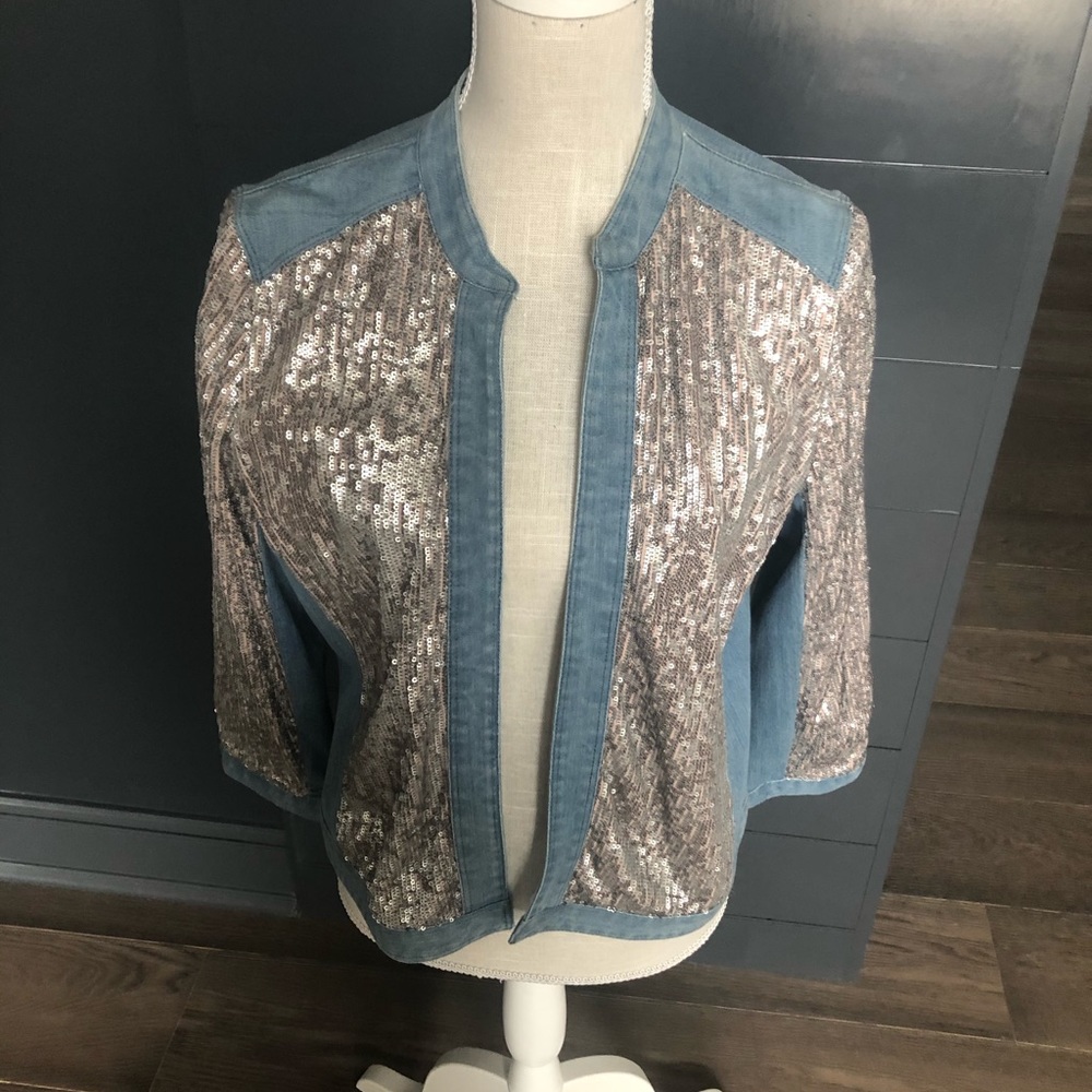 Chico’s Silver Sequin Denim Jacket sz 1